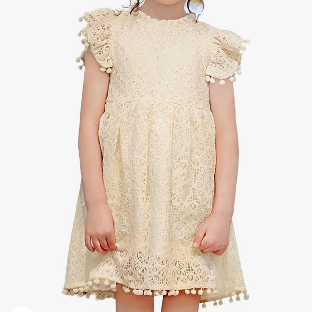 Beautiful Beige PomPom Girls Lace Dress